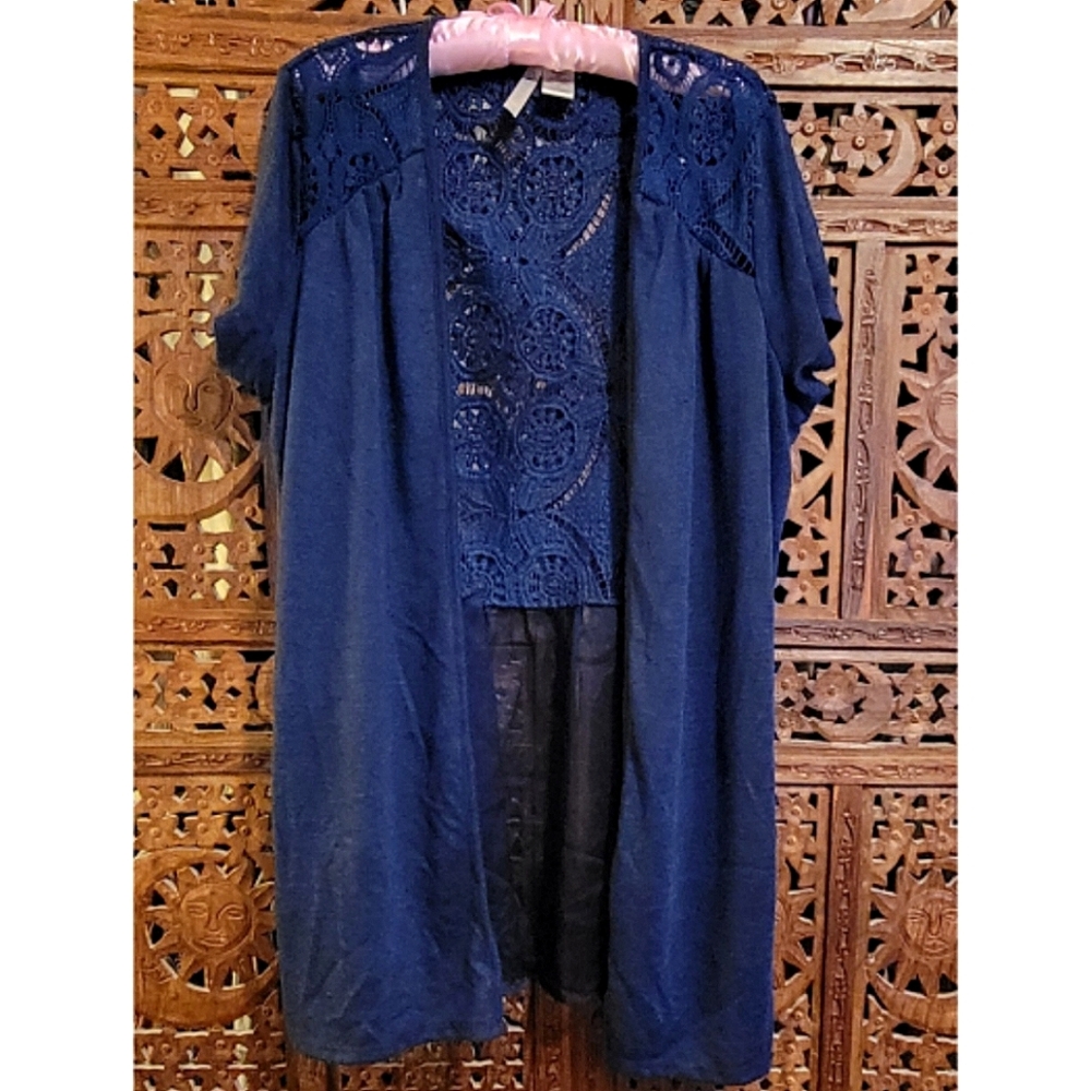 Forgotten Grace maxi cardigan open knit front with sheer & crochet back